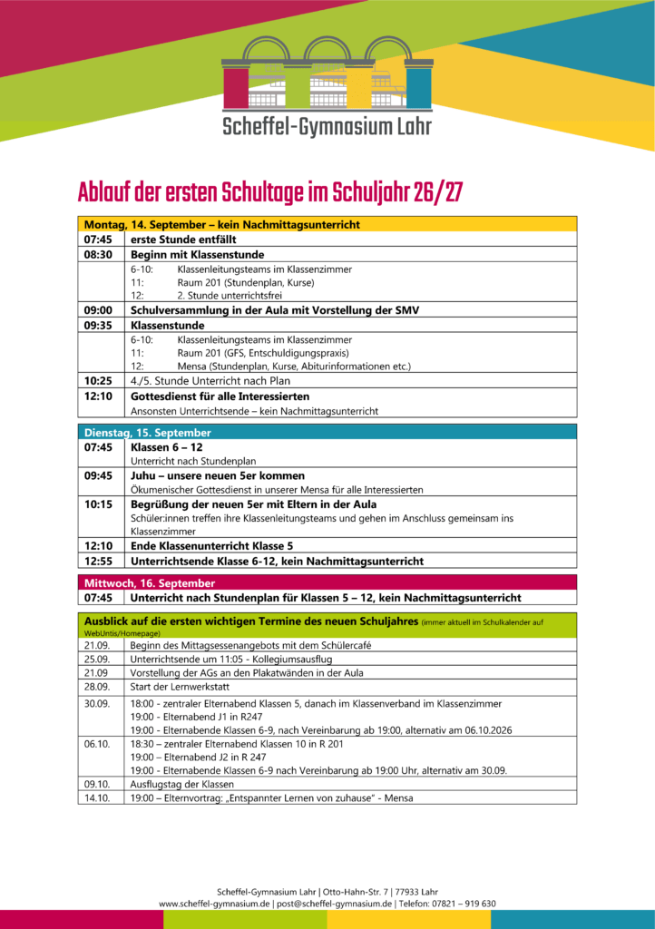 Übersicht über die Termine der ersten Schulwochen